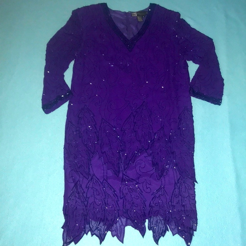 MORGAN TAYLOR Evening dress silk beaded long sleeve V-neck vintage size 8